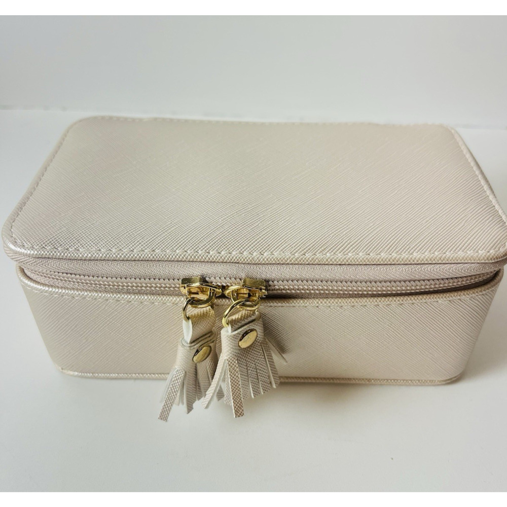 Travel Jewelry Organizer Case Beige Faux Leather Zippered Storage Box - Picture 7 of 11